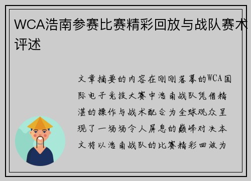 WCA浩南参赛比赛精彩回放与战队赛术评述