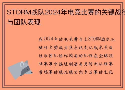 STORM战队2024年电竞比赛的关键战役与团队表现