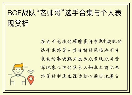 BOF战队“老帅哥”选手合集与个人表现赏析